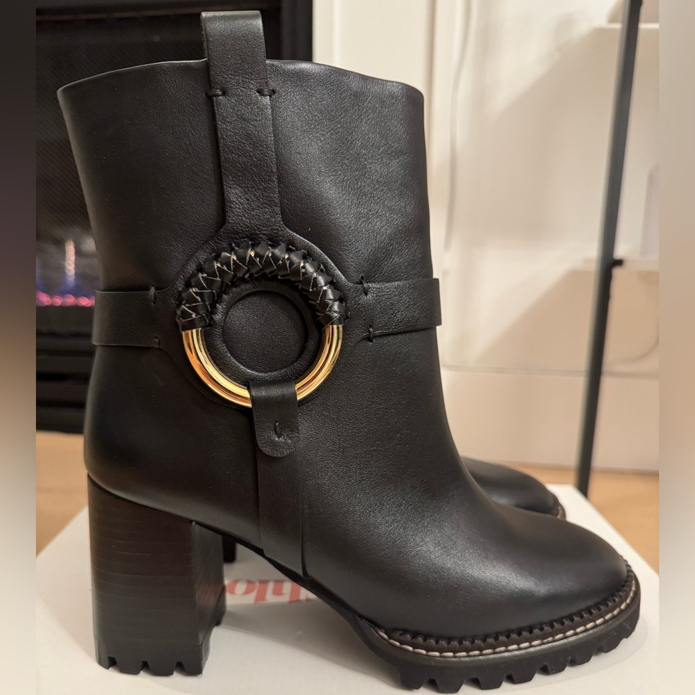 See By Chloe Black Leather Heeled Boots with Gold Accent